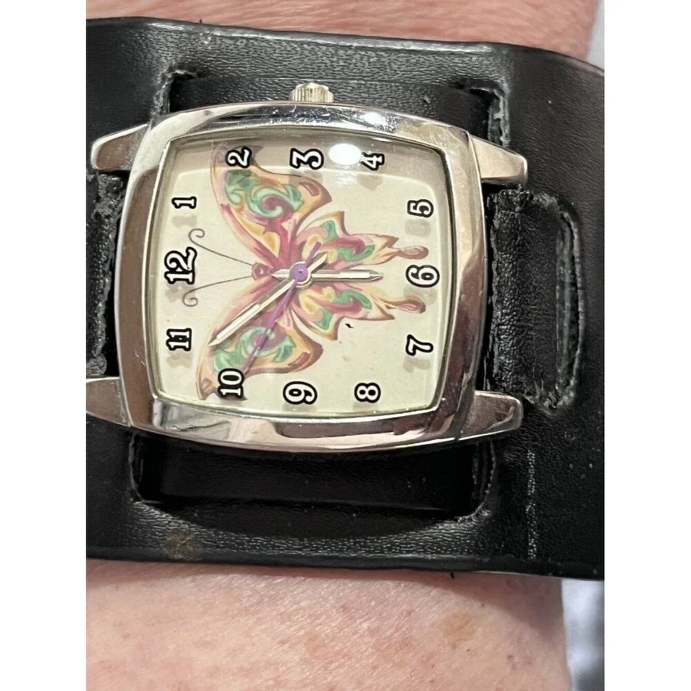 Tattoo Parlor 2006 Butterfly Cuff Watch Black Leather Y2K
